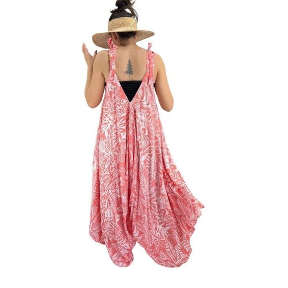 Po`a‘lima Coral White Tropical Floral Boho Wide Leg Beach Summer Romper - Picture 6 of 15